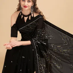 Sangria Black Embellished Sequinned Pure Georgette Saree-picture-21