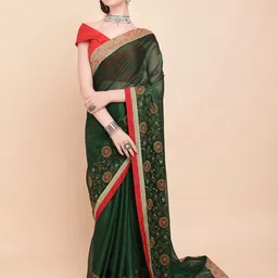 Sangria Olive Green & Red Floral Embroidered Pure Georgette Saree image 1