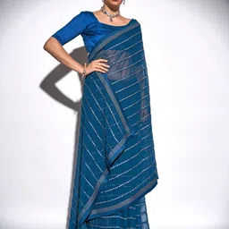 Mitera Teal & Gold-Toned Geometric Embroidered Pure Georgette Saree-picture-10
