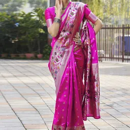 Mitera Pink & Blue Ethnic Motifs Woven Design Zari Art Silk Saree-picture-34