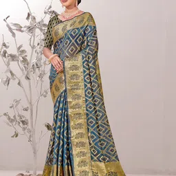 Anouk Grey Geometric Woven Design Zari Organza Saree image 1