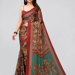 MIRCHI FASHION Orange And Maroon Ethnic Motifs Print Poly Chiffon Saree-image-99