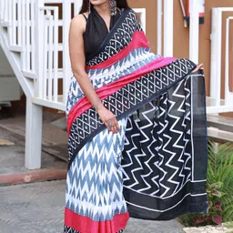 TROPWEAR Pure Cotton Geometric Block Print Saree-image-74