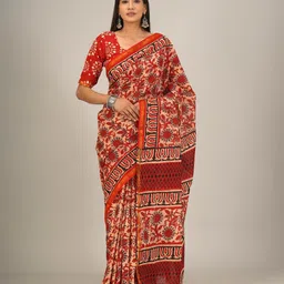 TROPWEAR Ethnic Motifs Zari Pure Cotton Block Print Saree-picture-33