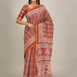 TROPWEAR Ethnic Motifs Zari Pure Cotton Block Print Saree-picture-17