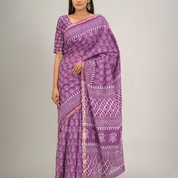 TROPWEAR Ethnic Motifs Zari Pure Cotton Block Print Saree-picture-16