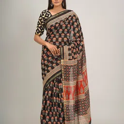 TROPWEAR Ethnic Motifs Zari Pure Cotton Block Print Saree-picture-34