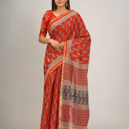 TROPWEAR Ethnic Motifs Zari Pure Cotton Block Print Saree-picture-32