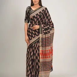 TROPWEAR Ethnic Motifs Zari Pure Cotton Block Print Saree-picture-17