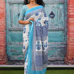 JALTHER Floral Printed Pure Cotton Block Print Saree-image-7