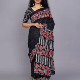 JALTHER Floral Block Print Jaipuri Pure Cotton Mulmul Saree-picture-19