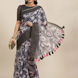 Mitera Grey & Green Floral Linen Blend Block Print Saree image 1