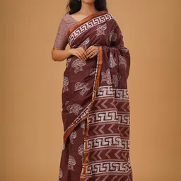TROPWEAR Ethnic Motifs Zari Pure Cotton Handloom Block Print Saree-picture-33