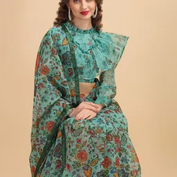 Sangria Sea Green & Red Floral Beads and Stones Organza Saree-image-45