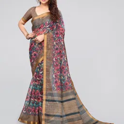 MIRCHI FASHION Grey & Red Floral Printed Zari Saree-picture-11