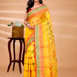 DipDiya Yellow & Green Ethnic Woven Design Pure Cotton Taant Saree-picture-13