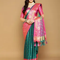 KALINI Ethnic Motifs Woven Design Zari Silk Cotton Ikat Saree-image-27