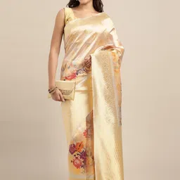 Leeza Store Cream-Coloured & Purple Woven Design Zari Saree image 3