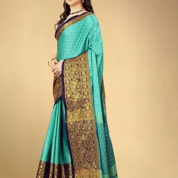 Mitera Blue & Gold-Toned Ethnic Motifs Woven Design Zari Silk Cotton Banarasi Saree image 2
