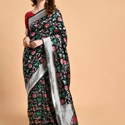 Sangria Black & Pink Floral Zari Silk Blend Heavy Work Banarasi Saree image 4