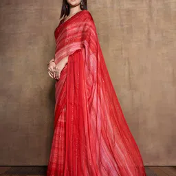 Mitera Red & Peach-Coloured Embellished Sequinned Pure Chiffon Saree image 3