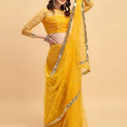 Sangria Yellow & Gold-Toned Embellished Sequinned Supernet Saree image 5