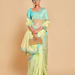 Sangria Floral Printed Border Gotta Patti Organza Saree-picture-36