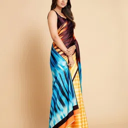 Sangria Brown & Yellow Printed Satin Saree image 3