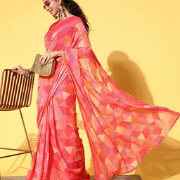 Mitera Pink & Yellow Embellished Sequinned Saree image 3