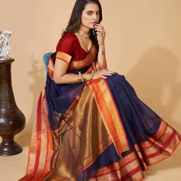 Mitera Navy Blue & Red Checked Woven Design Zari Saree image 3