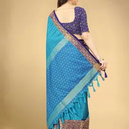 Mitera Blue & Purple Woven Design Zari Silk Cotton Banarasi Saree image 3