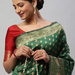 Mitera Green & Red Woven Design Zari Kanjeevaram Saree image 4