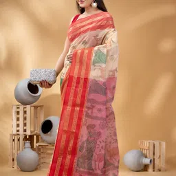 DESH BIDESH Ethnic Motifs Woven Design Zari Pure Cotton Taant Saree image 4