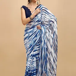 Sangria Blue & White Tie and Dye Poly Chiffon Saree image 2