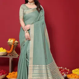 VASTRA-THE FACTORY STORE Cotton Blend Zari Saree image 1