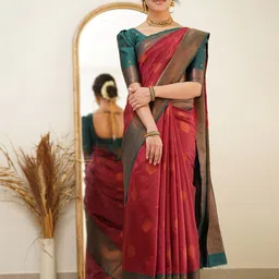 LIMDO Ethnic Motifs Woven Design Zari Pure Silk Kanjeevaram Saree image 1