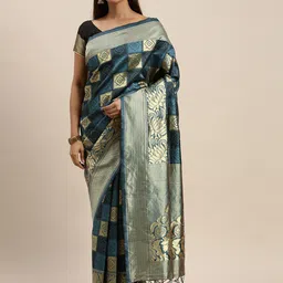 Sangria Blue & Gold-Toned Ethnic Motifs Woven Design Zari Banarasi Saree-picture-34