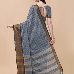 KALINI Grey & Gold-Toned Woven Design Zari Pure Silk Ikat Saree image 3