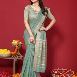 VASTRA-THE FACTORY STORE Cotton Blend Zari Saree image 4