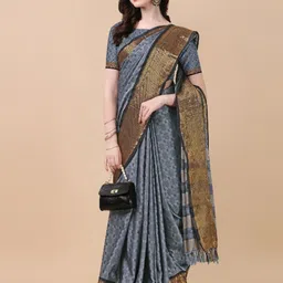 KALINI Grey & Gold-Toned Woven Design Zari Pure Silk Ikat Saree image 4