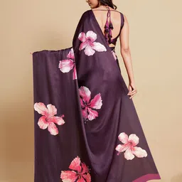 Sangria Burgundy & Pink Floral Zari Satin Saree image 5