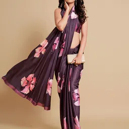 Sangria Burgundy & Pink Floral Zari Satin Saree image 4