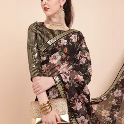 Sangria Brown Floral Embroidered Pure Georgette Saree image 5