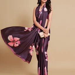 Sangria Burgundy & Pink Floral Zari Satin Saree-image-93