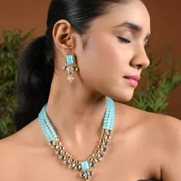 I Jewels Gold-Plated Turquoise Kundan-Studded and Pearl Beaded Jewellery Set-picture-33