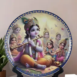 The Decor Lane Blue & Yellow Printed Ceramic Wall Plate With Stand-picture-43