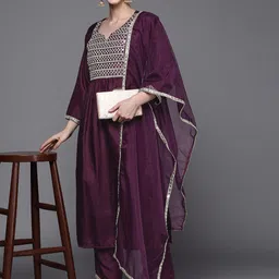 Indo Era Women Purple Yoke Design Mirror Work Kurta with Trousers & With Dupatta image 4