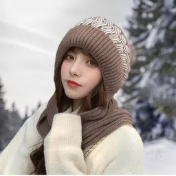 topibaaz Women Beanie Hat Knitted Winter Cap with Scarf Muffler Soft Plush Velvet Fur Woolen Snow Proof Pom Pom Cap Neck Warmer image 4