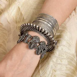 TEEJH Women 3 Silver-Toned Brass Oxidised Silver-Plated Cuff Bracelets-picture-37