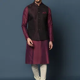 KISAH Mandarin Collar Kurta with Churidar & Woven Design Nehru Jacket image 1